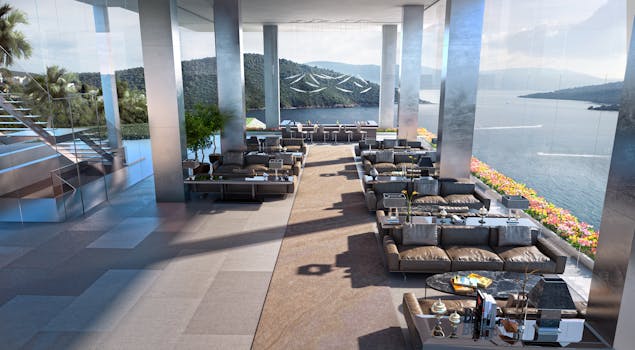 Elegant modern lounge with panoramic sea view in Bodrum, Turkey, featuring plush seating and stylish decor.