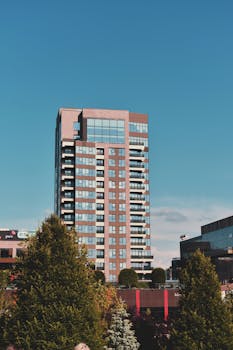 绿树成荫的街道上，一座现代摩天大楼耸立其间，展现了城市建筑的样貌