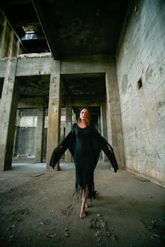 一名女子身穿黑色连衣裙，赤脚走在废弃建筑物中