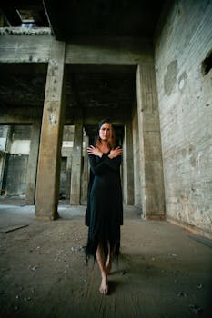 一名身穿黑色连衣裙的女子，站在一栋怪异的废弃建筑中，散发着神秘的气息