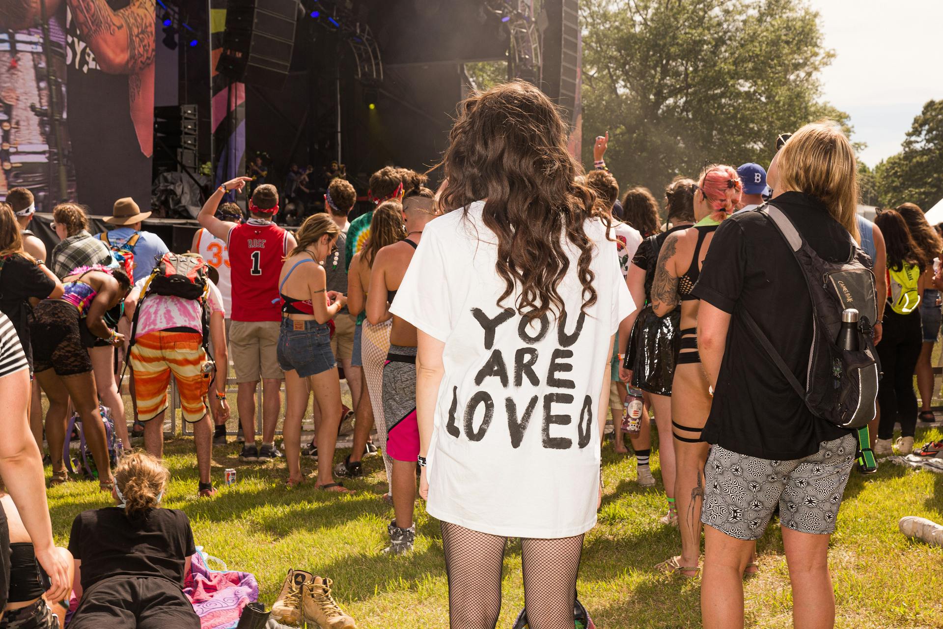 A lively festival scene with diverse people gathered outdoors enjoying a concert.