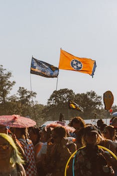 Outdoor festival gathering with diverse crowd under sunny skies featuring vivid flags.