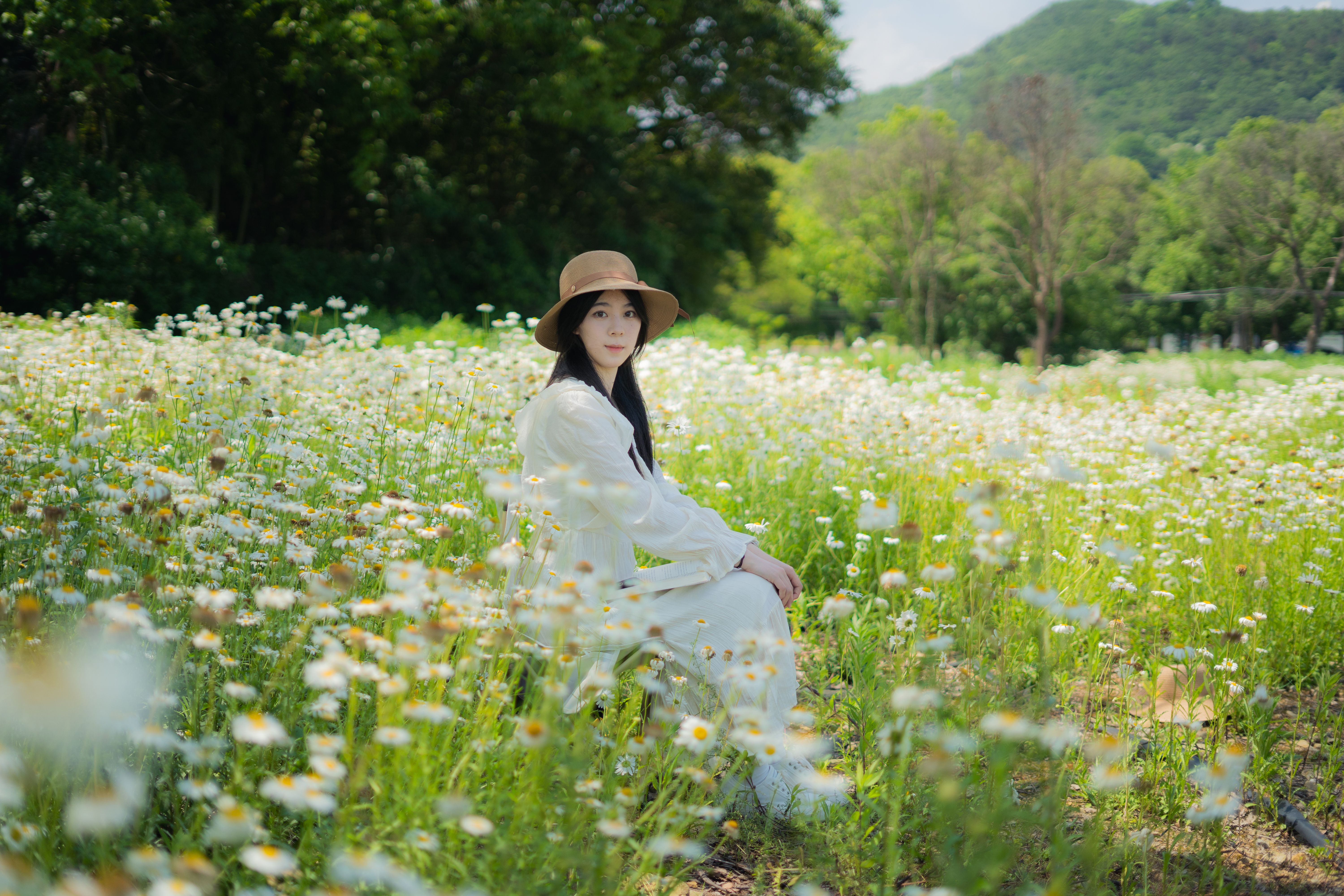A Young Woman in a White Dress Sitting on a Meadow · Free Stock Photo