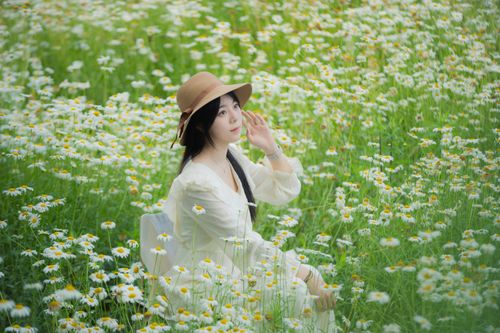 Free A serene scene of a woman in a white dress and hat sitting in a daisy field. Stock Photo