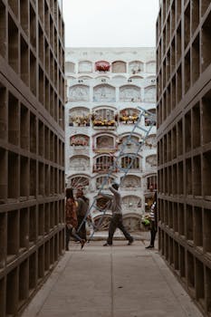 人们走过城市墓地的小巷，巷内有垂直的坟墓和梯子