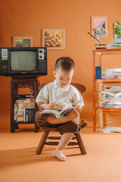A young boy sitting in a chair reading a book