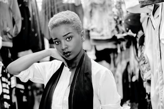 一位穿着时尚的女士在商店里自信地看向镜头的黑白肖像