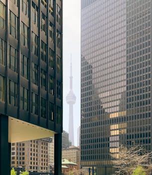 Stunning view of Toronto's CN Tower framed by modern skyscrapers, capturing urban architectural elegance.