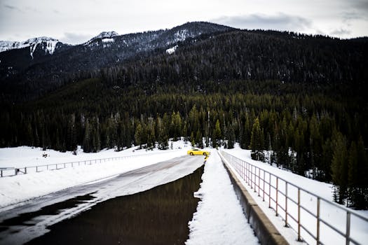 一辆充满活力的黄色汽车，在雪山道路上格外显眼，四周环绕着常绿树木和山峰