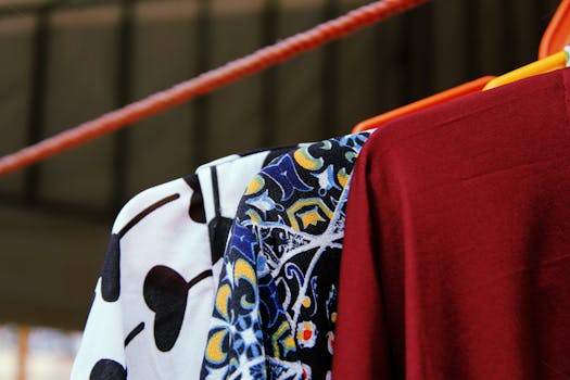 Close-up of vibrant modern fashion garments hanging on a rack.