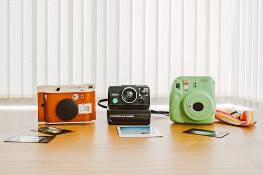 A collection of vintage and instant cameras on a wooden table with printed photos.
