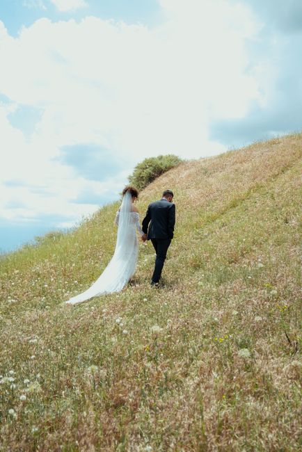 Bride and groom walking hand in hand on a picturesque meadow.