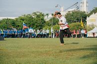 A martial artist demonstrates a urumi whip sword during a cultural performance in George Town, Penang.