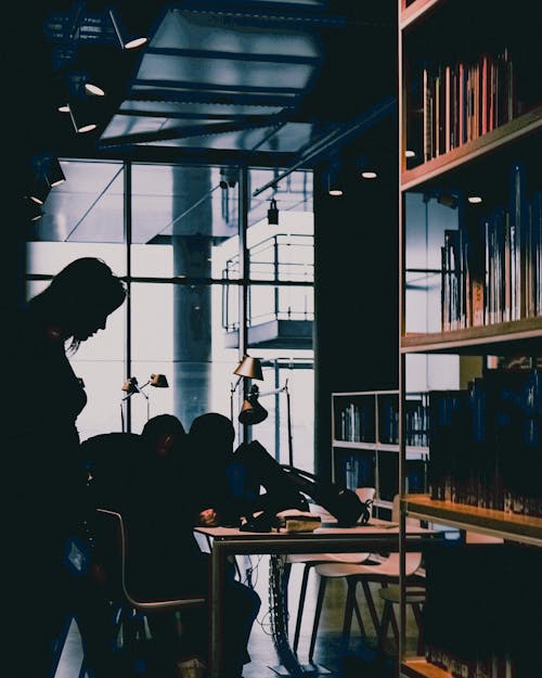 A person is sitting at a table in a library