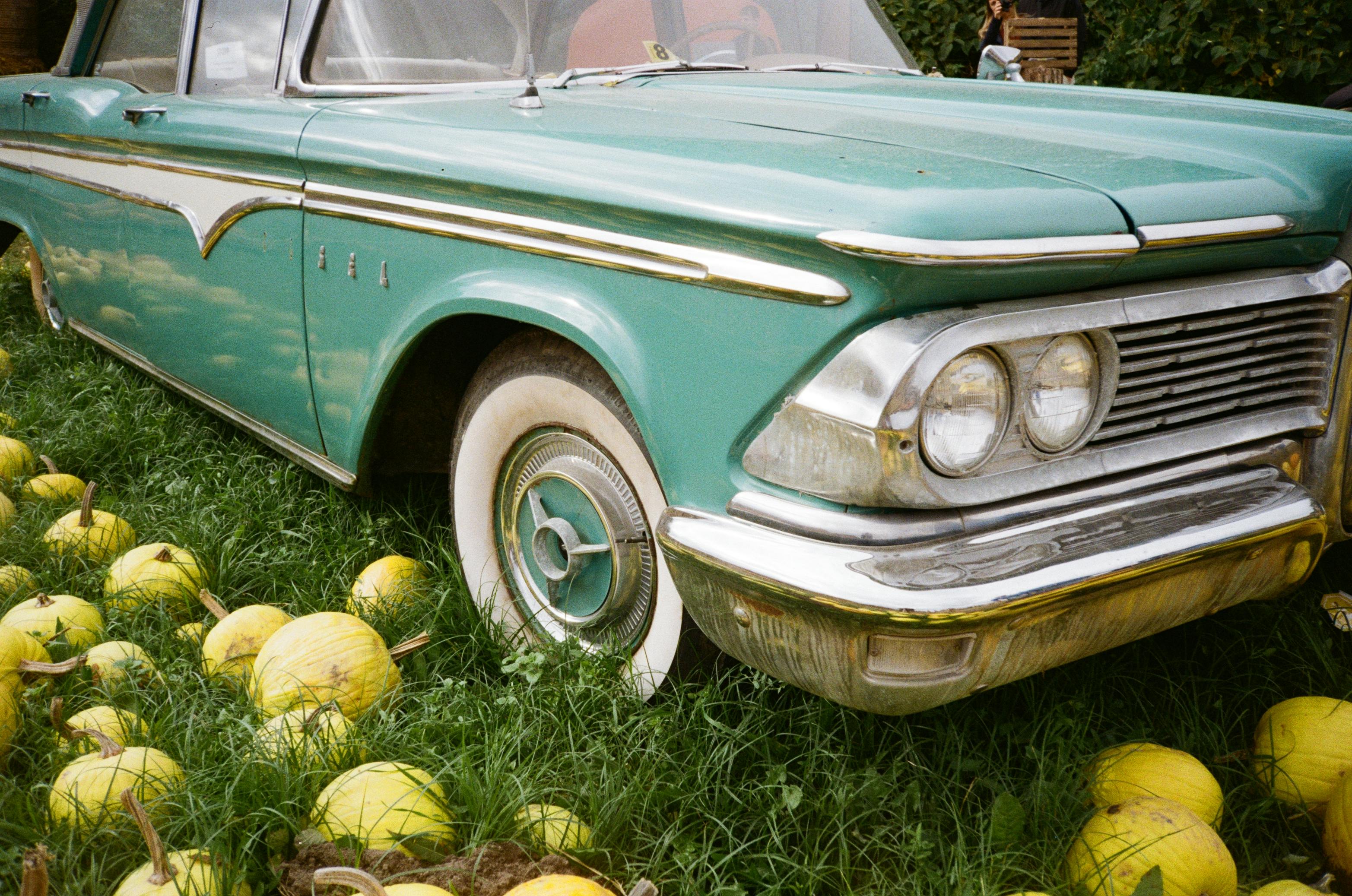 A classic Edsel car surrounded by pumpkins in a vintage setting in Vienna, Austria.