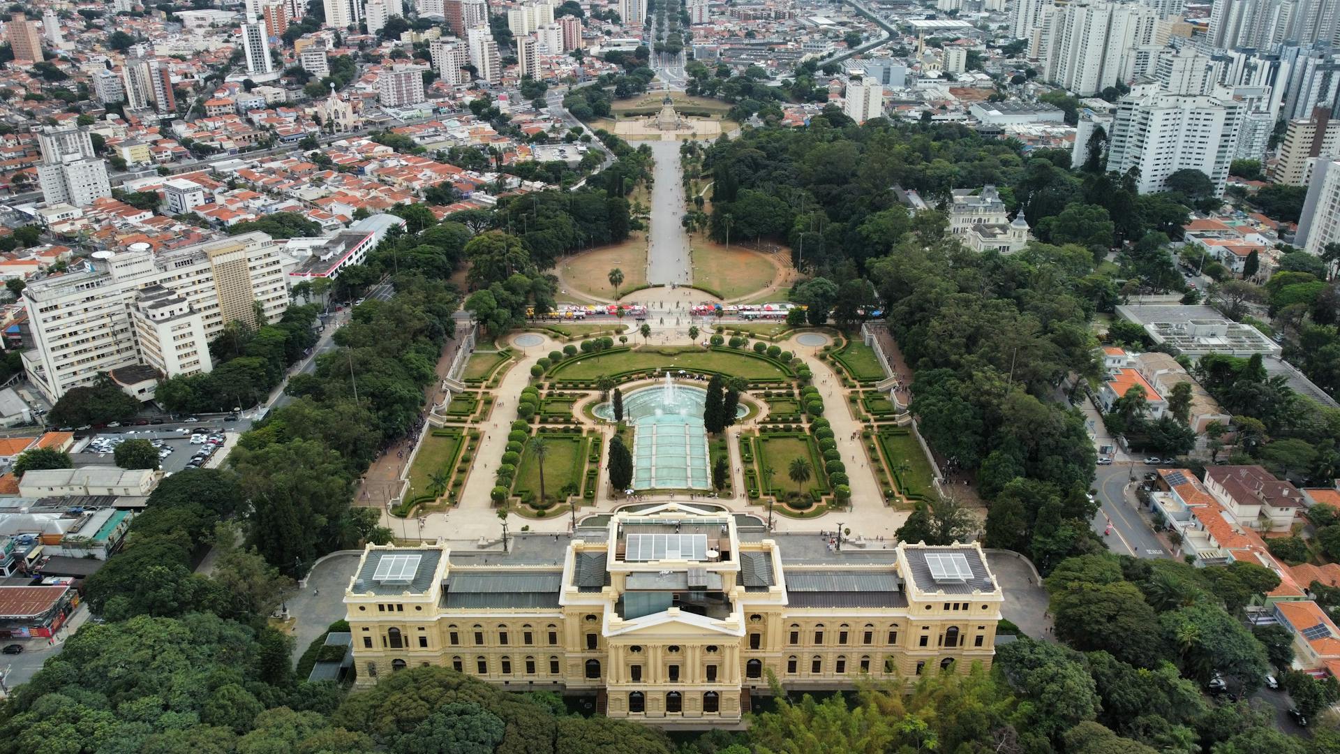 Aerial view of Museu Paulista and gardens in São Paulo, Brazil, showcasing historic architecture.