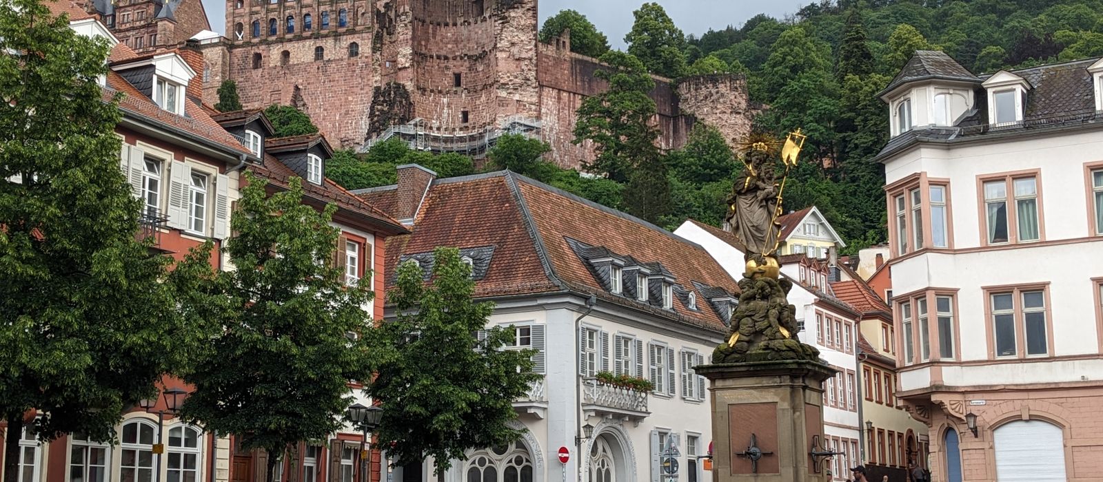 View of Heidelberg Castle overlooking a charming town square with classic architecture.