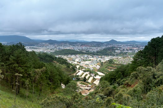 Scenic countryside view with hills, trees, and a distant town under a cloudy sky.