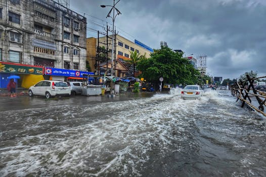 A busy urban street in Kolkata flooded after heavy monsoon rains, showcasing urban infrastructure challenges.