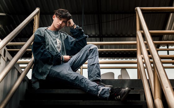 Stylish young man in denim clothing sitting on stairs in San Andrés Cholula, Mexico.