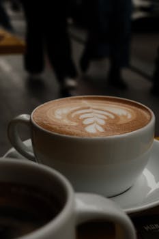 Close-up of latte with froth art in Istanbul café.
