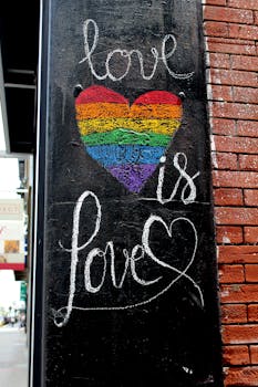 砖墙上绘有色彩缤纷的街头艺术，彩虹心和“爱就是爱”的字样格外醒目