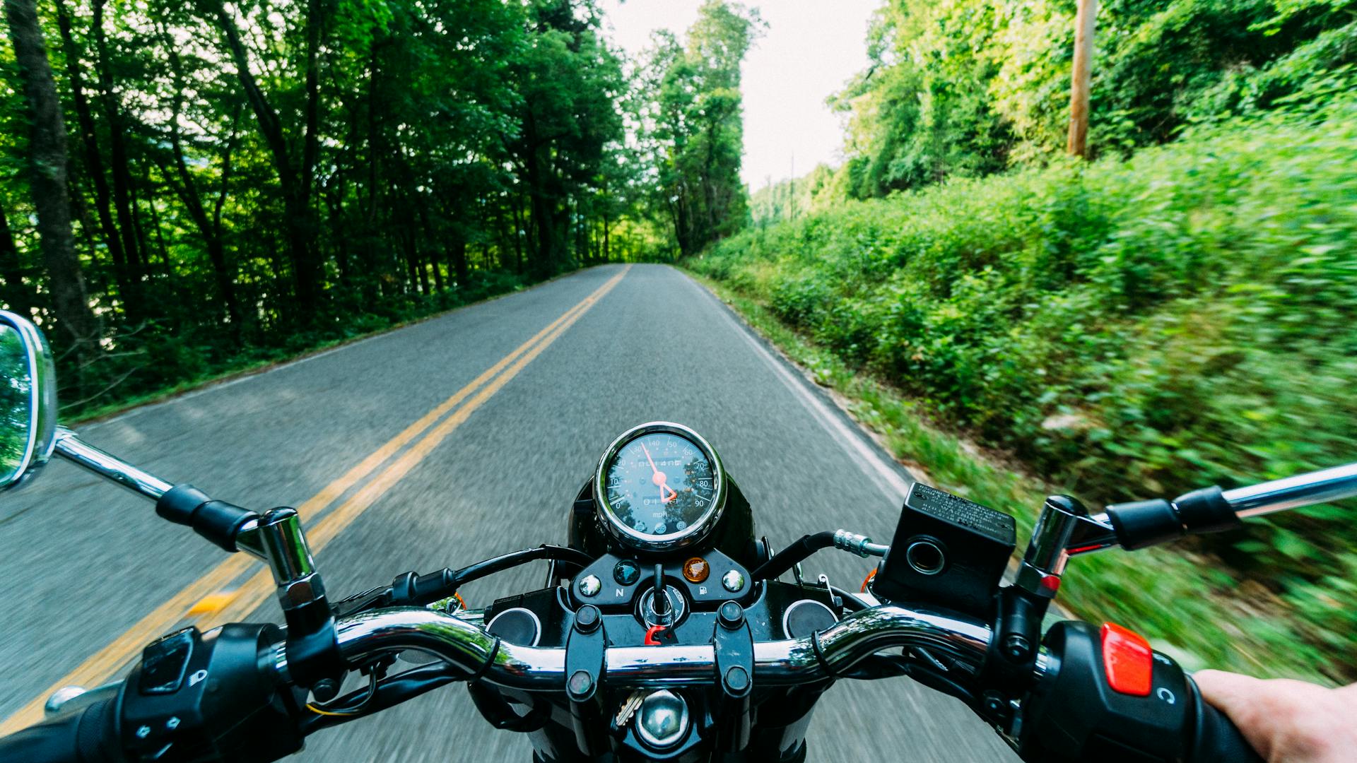 Experience the thrill of a motorcycle journey through a scenic forest road. Feel the excitement and freedom.