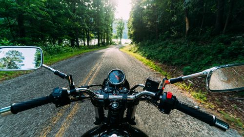 Free Experience the thrill of riding a motorcycle down a forested country road on a sunny day. Stock Photo