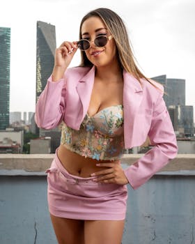 Confident young woman poses stylishly on a Ciudad de México rooftop with city skyline.
