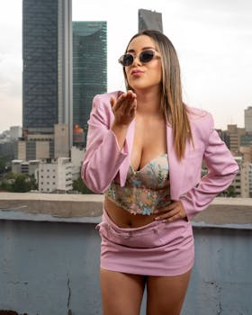Chic woman in pink outfit blowing a kiss on a rooftop with Mexico City skyline.