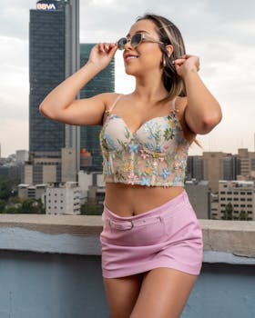 Trendy woman enjoying rooftop view in Ciudad de México, wearing floral top and sunglasses.