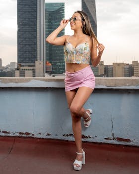 Stylish woman in trendy attire poses confidently on a rooftop with Mexico City's skyline as the backdrop.