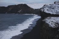 冬季，通过引人注目的悬崖和海浪捕捉维克标志性黑色沙滩的冰雪之美