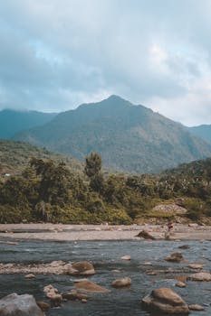 天空多云，绿树成荫的河流与雄伟的山峰构成一幅景色