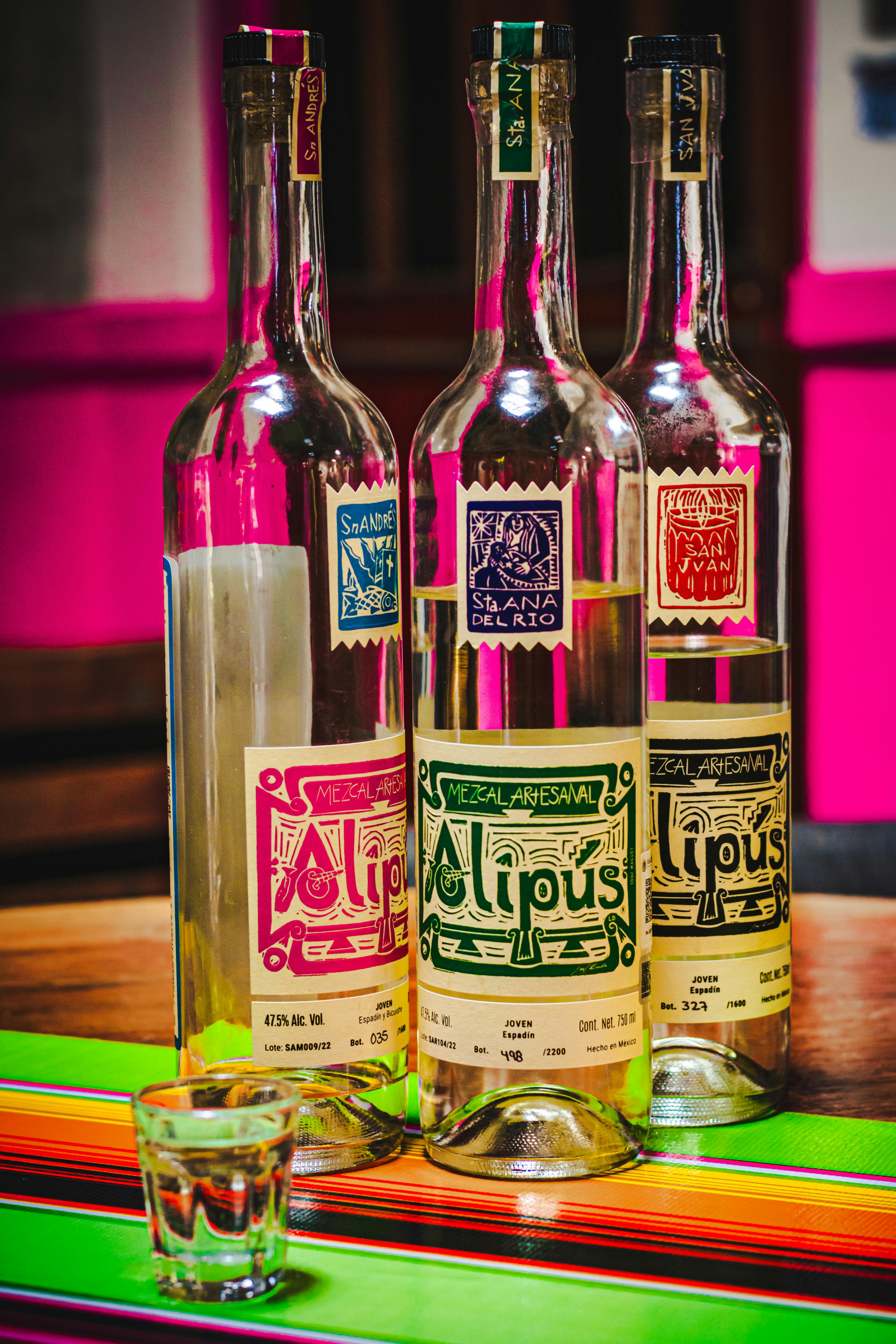 Colorful display of artisanal mezcal bottles in a bar in Mexico City, emphasizing Mexican craft spirits.