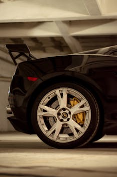 Close-up of a black luxury car wheel with yellow brake calipers parked indoors.