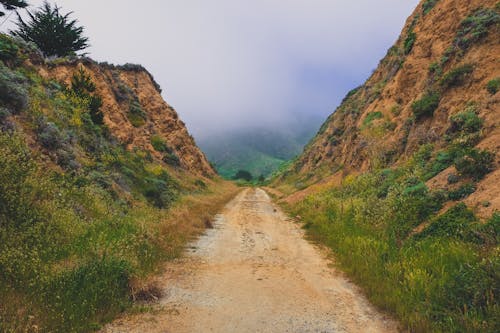 Free Narrow path between rough stony hills covered with green plants leading to amazing mountainous valley on foggy day Stock Photo