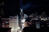 迷人的夜间景观中，充满活力的城市天际线、摩天大楼与繁华的街道交相辉映