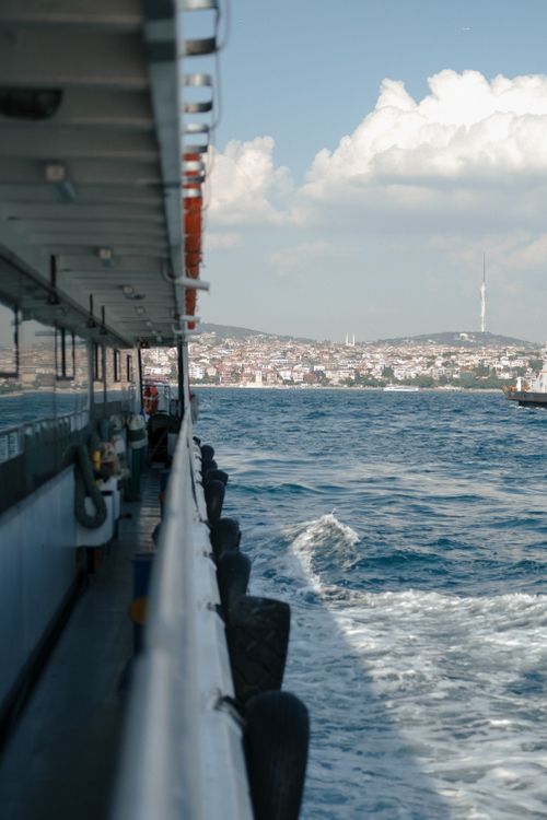 Free View from a ferry crossing the Bosporus with Istanbul's skyline and sea in background. Stock Photo