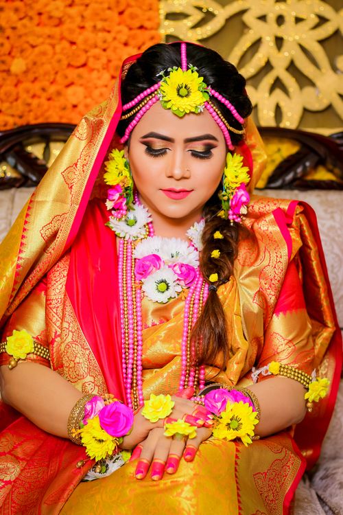 Free Stunning traditional bridal portrait with colorful floral accessories. Stock Photo