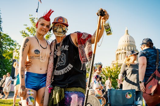 Exciting Pride parade scene with colorful costumes, diverse crowd, and lively atmosphere outdoors.