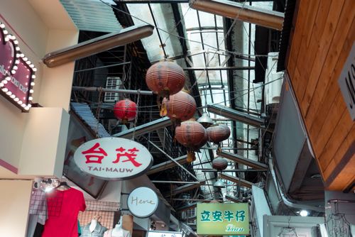 Free Colorful red lanterns hanging in a bustling Taipei market, showcasing vibrant local culture. Stock Photo
