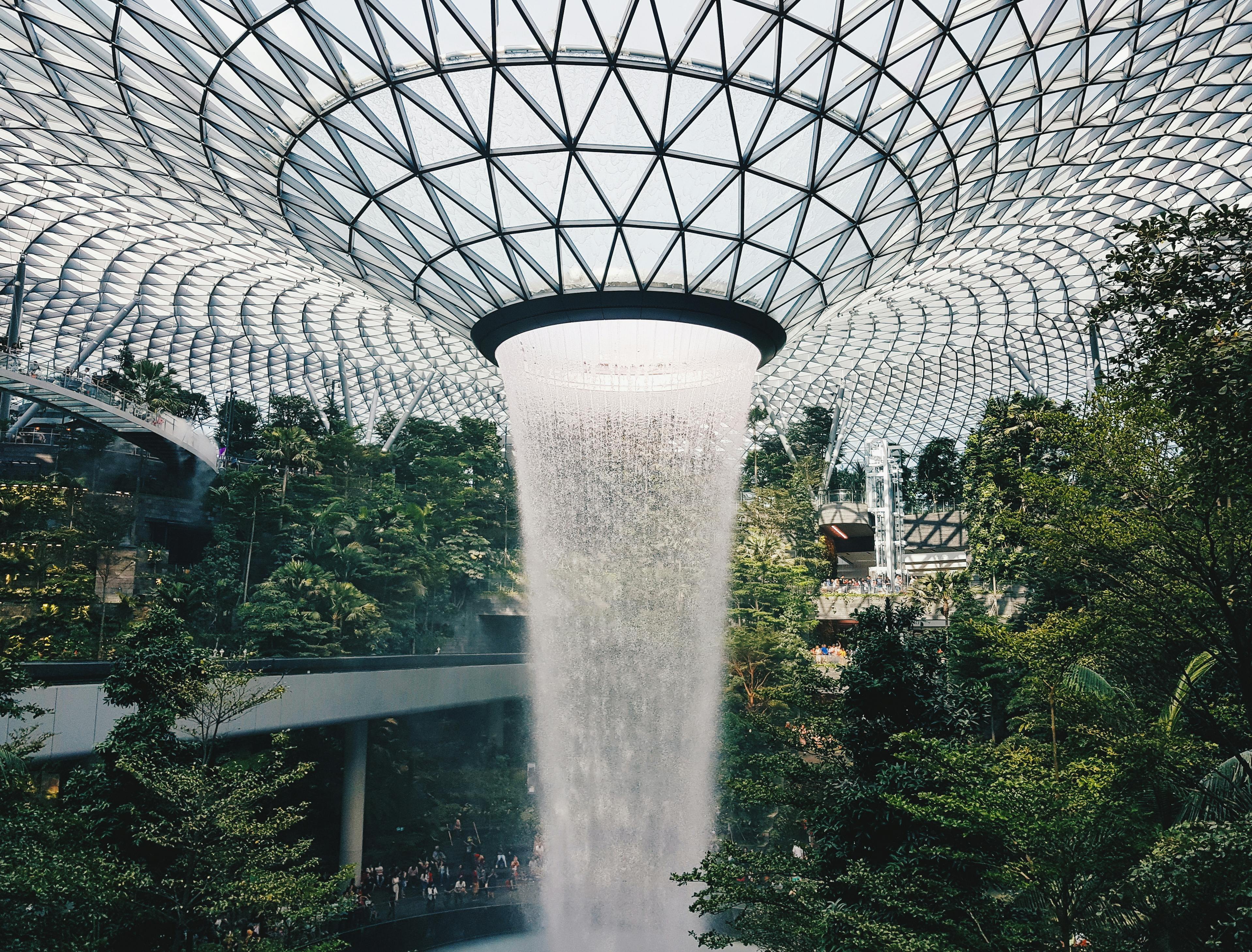 water falling from glass ceiling