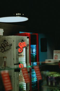 商店里，光线昏暗的饮料冷却器装着品牌饮料，营造出凉爽的购物氛围