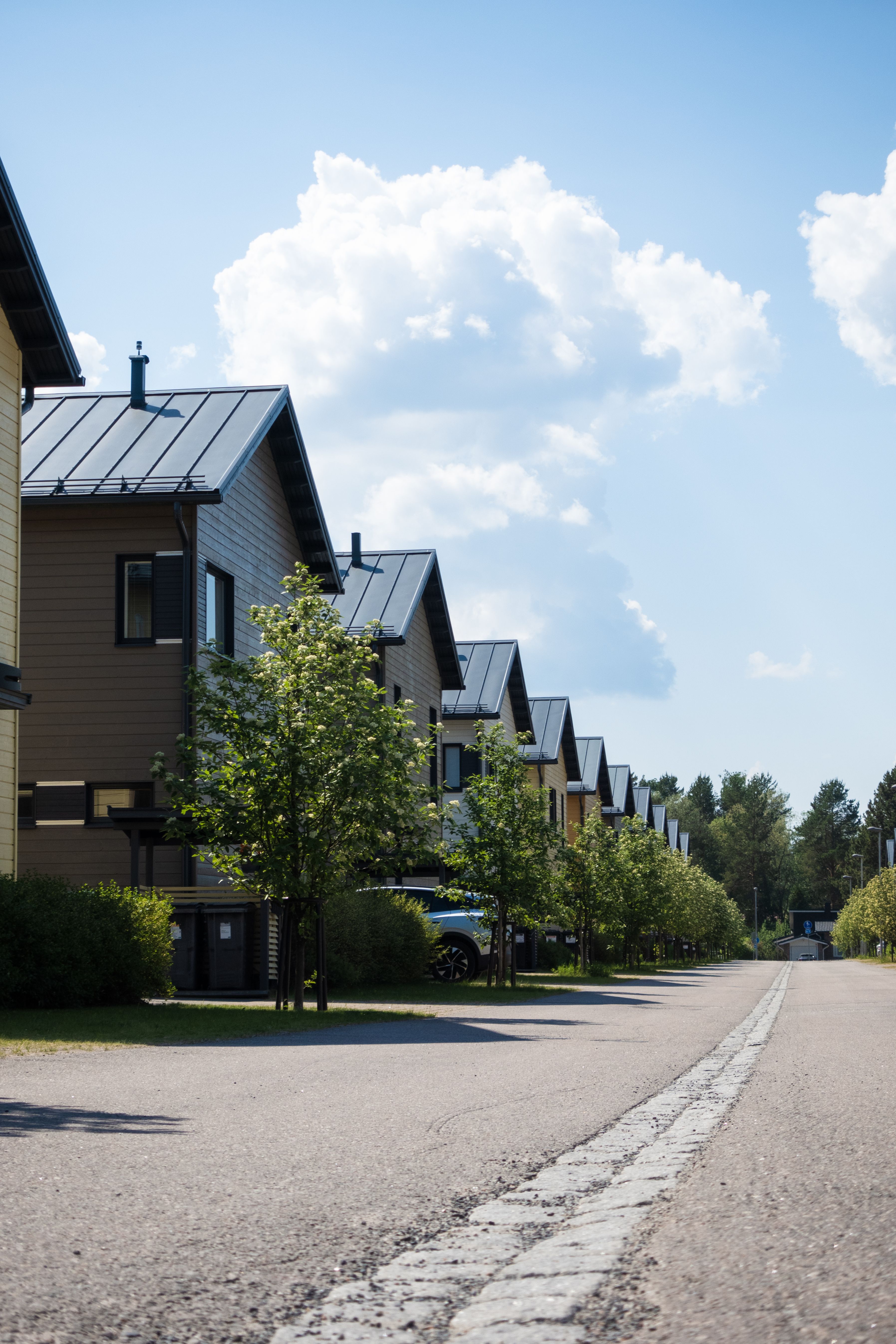 Image Alt Text: Modern suburban homes along a quiet residential street
