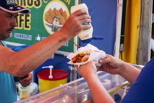 Vendor adding toppings to a hot dog at a Finnish street food stall.