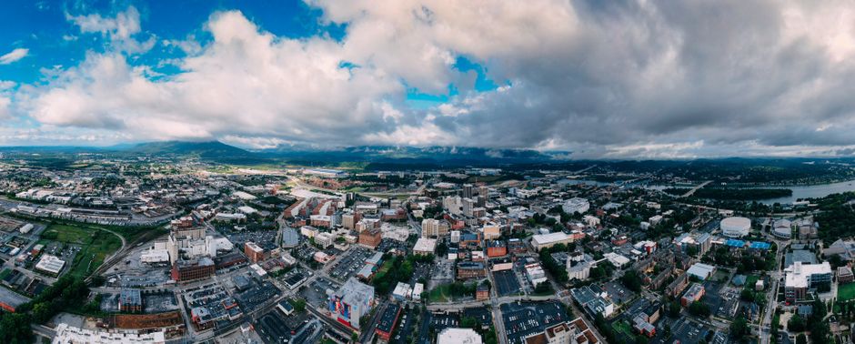 Aerial panoramic view of Chattanooga, TN skyline for party and event rental pricing guide