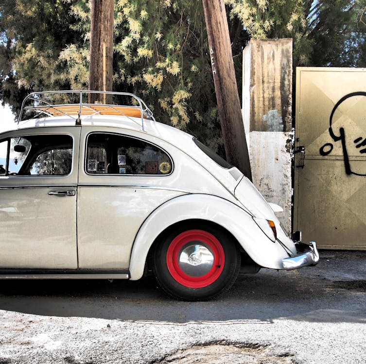 фотография белого Volkswagen Beetle, припаркованного возле дерева