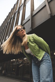 Stylish portrait of a woman in a leather jacket posing in front of a modern building in Montréal.