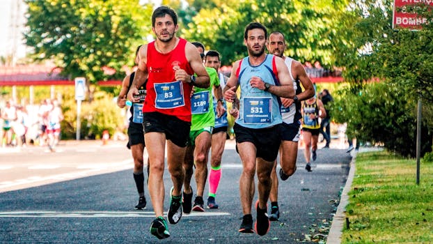 Group of male runners participating in an outdoor marathon on a sunny day, displaying athletic endurance.